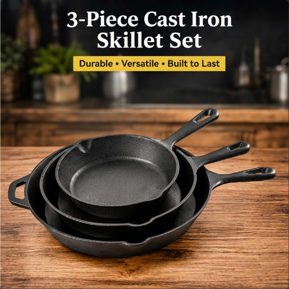 3-Piece Cast Iron Skillet Set, - Skillet Cast Iron Camp ulasan dan harga